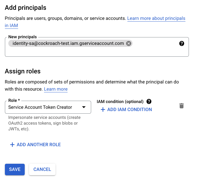 Granting the identity service account access to the operation service account with the token creator role.